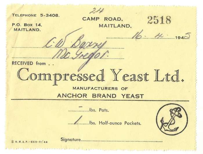 Union of SA-Compressed Yeast LTD-No 2518-1945-Receipt
