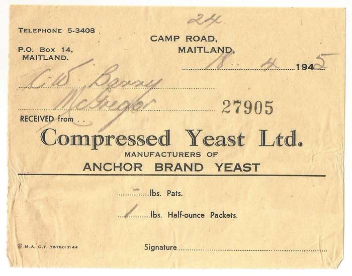 Union of SA-Compressed Yeast LTD-No 27905-1945-Receipt
