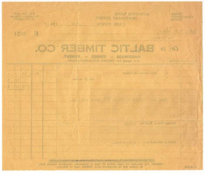 Union of SA-BALTIC TIMBER CO-Hardware-Timber-Joinery-Invoice-No 3851-1945 Fixed price of Cement WW2