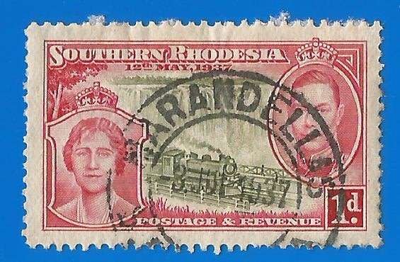 Southern Rhodesia-1d-Cancel-Used-Thematic-Famous People-Transport-Train-WaterFall Marandellas