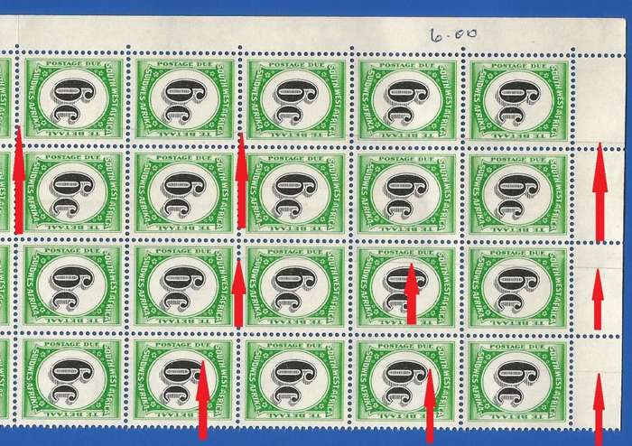 SWA- 6c- 1961 Postage dues SACC60- MNH - various lines through many stamps. EXCEPTIONAL
