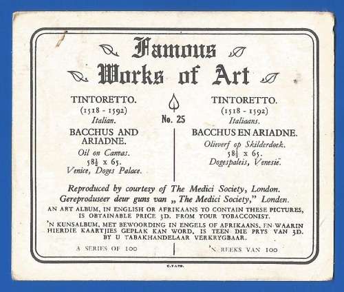 Vintage-Collectable-1xCigarette/Tobacco Card-Famous works of Art-No25-Bacchus and Ariadne