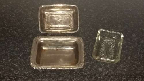 Vintage-Collectable-Metal Dish with glass Butter pat dish -No Name-Marks and Rust noted