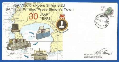 RSA-SA Navy-1990-FDC-Cover No17-No 205/6000-SA Naval Printing Press-Signed-Thematic-Flora-Navy