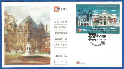 RSA-1996-FDC-Cover-M/S-SACC954-NO-6.35-World Philatelic Exhibition Toronto-Thematic-Building