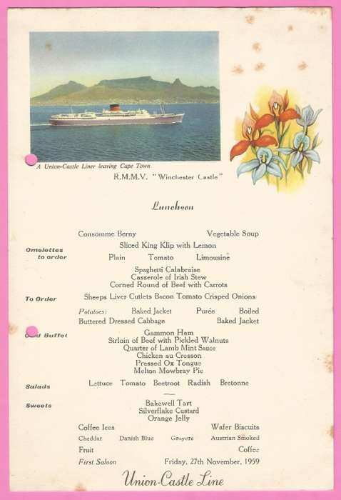 Vintage-Menu-1959-Union Castle Line-R.M.M.V. Winchester Castle-Luncheon
