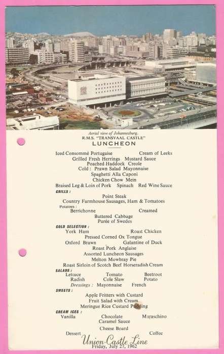 Vintage-Menu-1962-Union Castle Line-R.M.S. Transvaal Castle-Luncheon