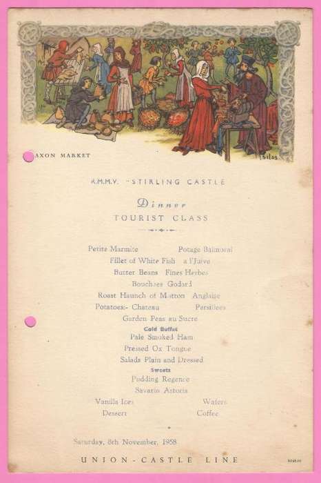 Vintage-Menu-1958-Union Castle Line-R.M.M.V. Stirling Castle-Dinner