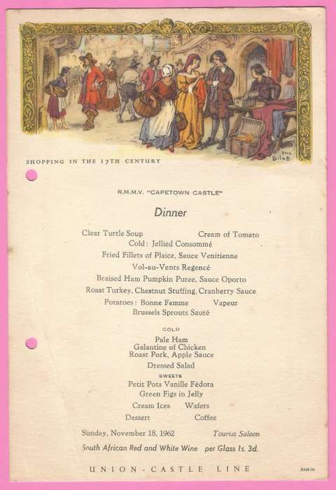 Vintage-Menu-1962-Union Castle Line-R.M.M.V. CapeTown Castle-Dinner