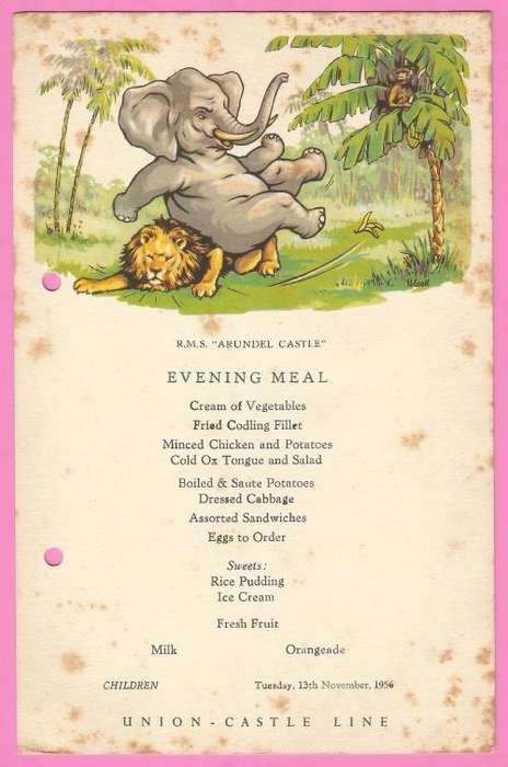 Vintage-Menu-1956-Union Castle Line-R.M.S Arundel Castle-Evening Meal