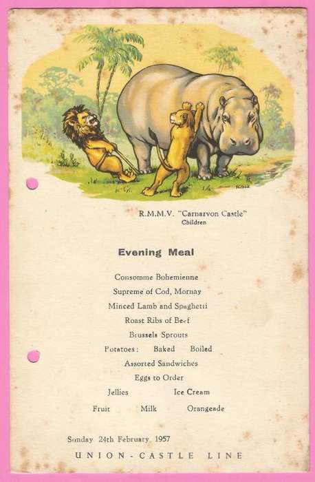 Vintage-Menu-1957-Union Castle Line-R.M.M.V. Carnarvon Castle-Evening Meal