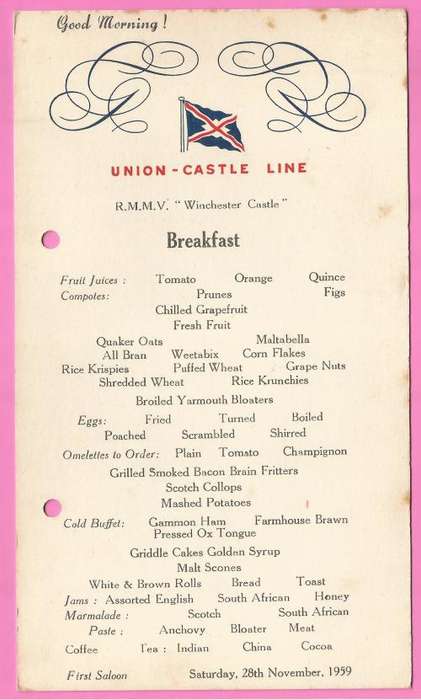 Vintage-Menu-Saturday 28th November 1959-Union Castle Line-R.M.M.V. Winchester Castle-Toning Noted