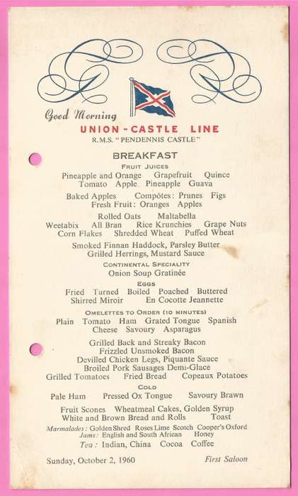 Vintage-Menu-Sunday 2 October 1960-Union Castle Line-R.M.S. Pendennis Castle-Toning Noted