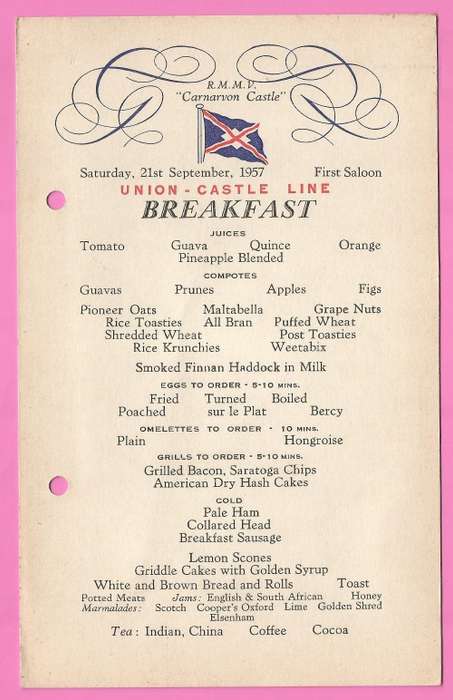Vintage-Menu-Saturday 21st September-1957-Union Castle Line-R.M.M.V. Carnarvon Castle-Toning Noted