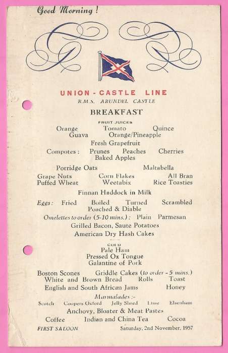 Vintage-Menu-Saturday 2nd November-1957-Union Castle Line-R.M.S. Arundel Castle-Toning Noted