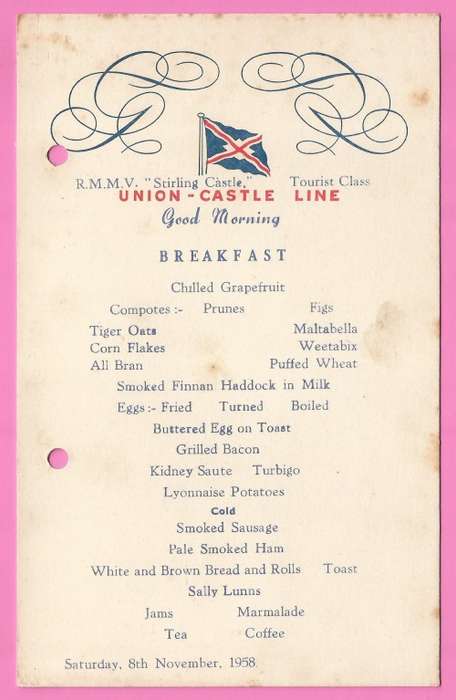 Vintage-Menu-Saturday 8th November-1958-Union Castle Line-R.M.M.V. Stirling Castle-Toning Noted