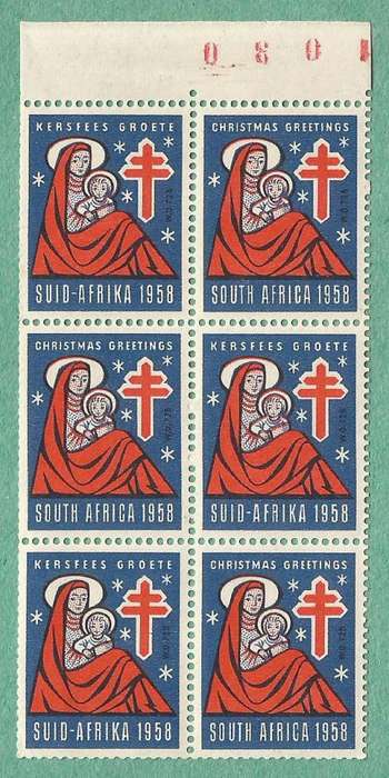 1958-MNH-Union of South Africa Christmas Stamps-Booklet Pane with sheet number