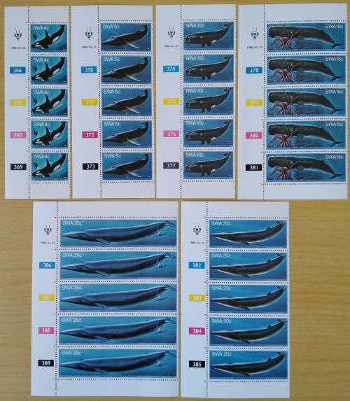 1980-SWA-MNH-Whales-Control Blocks-SACC 347-352.