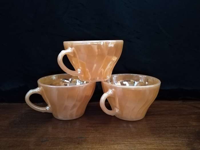 Fire-King Glass 1950s Vintage Anchor Hocking Peach Lusterware 3 x Teacups