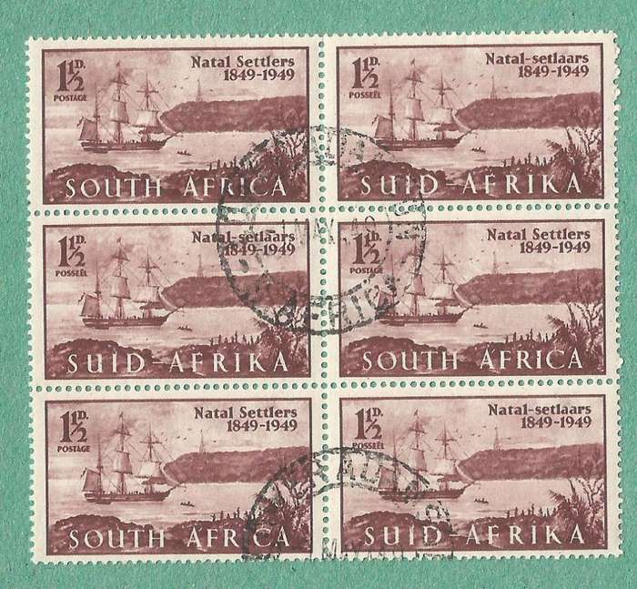1949-Union of SA-Cent of Arrival of British Settlers in Natal. Midd Right Spots on stamp