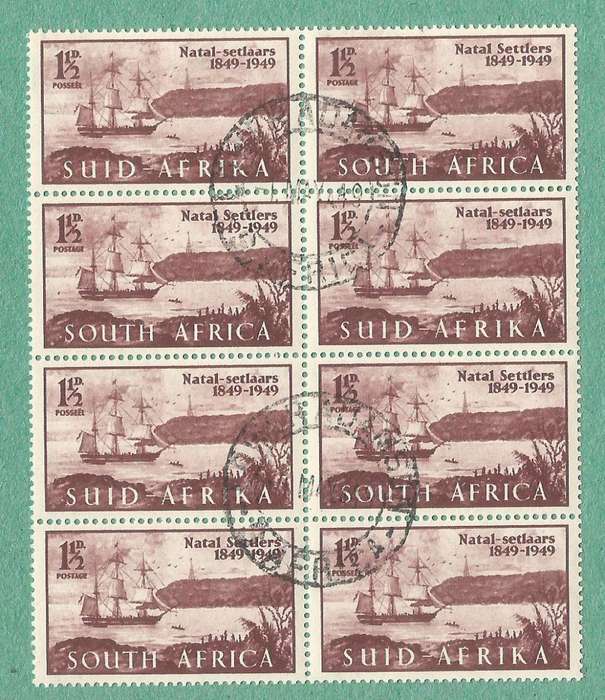 1949-Union of SA-Cent of Arrival of British Settlers in Natal. Spots to left of ship, Right 2 stamps