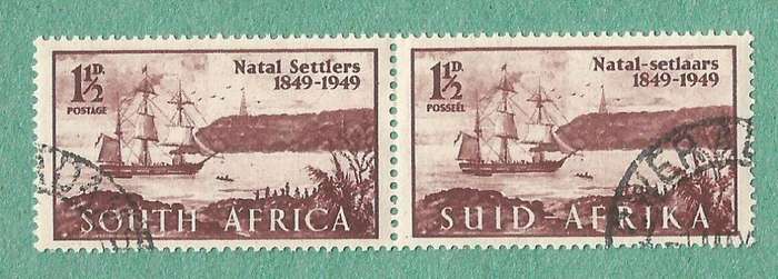 1949-Union of SA-Centenary of Arrival of British Settlers in Natal. Mark behind N. Top R