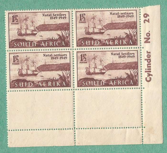 1949-MM-Union of SA-Cen of Arrival of British Settlers in Natal. RH stamps. Tail to N and spot by 1