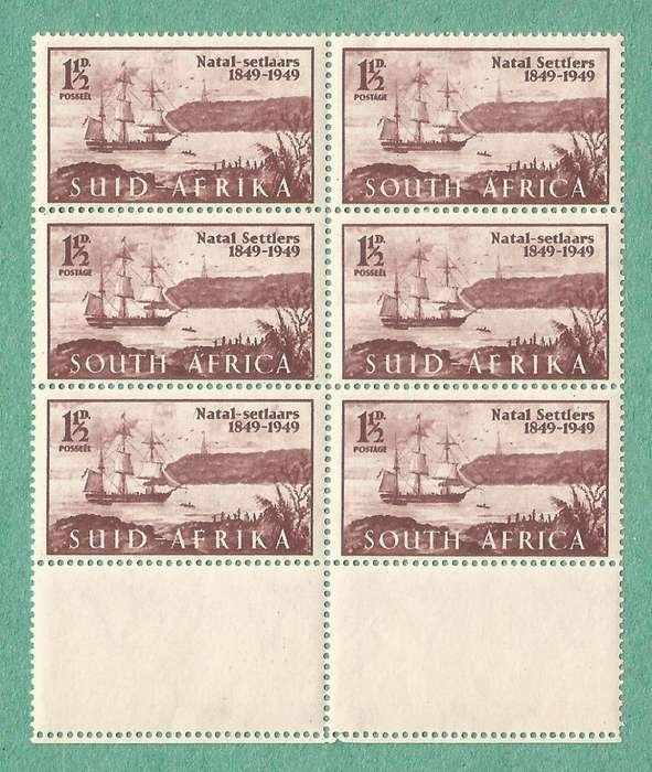 1949-MNH-Union of SA-Cen. of Arrival of British Settlers in Natal. Bottom Left, tail to N of Natal