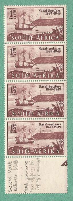 1949-MNH-Union of South Africa-Centenary of Arrival of British Settlers in Natal. Various flaws
