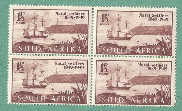 1949-MNH-Union of South Africa-Centenary of Arrival of British Settlers in Natal. Pennant Flaw