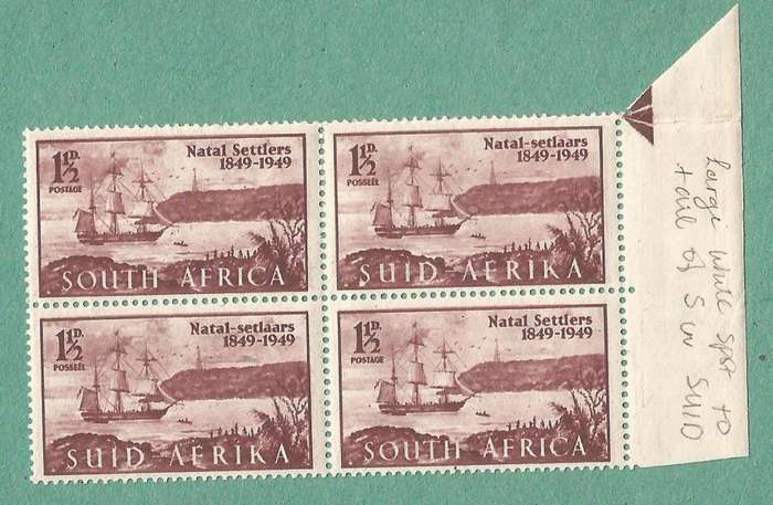 1949-MNH-Union of South Africa-Centenary of Arrival of British Settlers in Natal. Spot on S