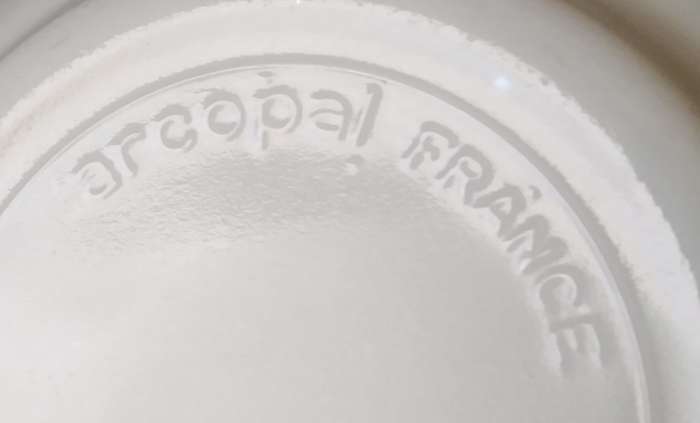 Arcopal White milk glass with Blue flower pattern