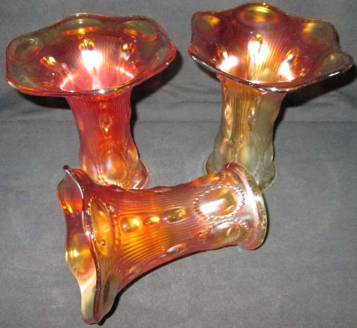 Home Decor-Carnival Glass-3 x Vases-Beaded Bullseye Imperial Squat Vases 1909 -Good Condition
