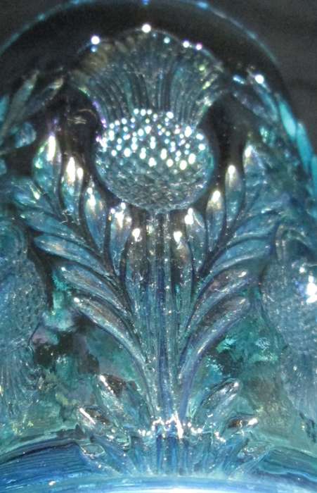 Home Decor-Carnival Glass-Blue Glass- Mosser / Cambridge Inverted Thistle Ice Blue-Good Condition