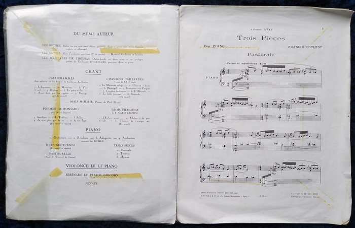 Book-Francis Poulenc/Trois Pieces/Pour Piano/Pastorale Hymne Toccata.