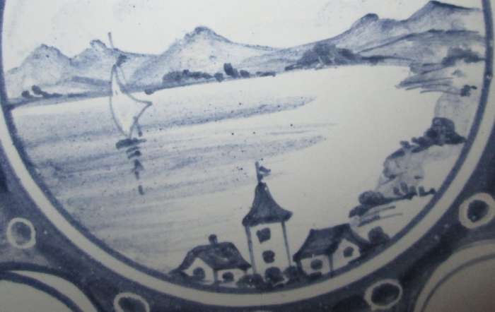 Home Decor-Wall Decor-3 x Blue & White Hand Painted Plates-Houses, River & Sailboat Scenery