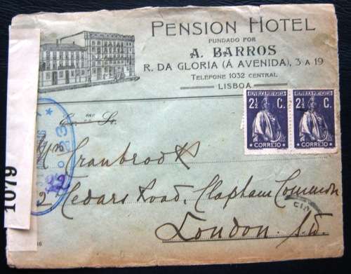 PORTUGAL - 1916 - CENSORED MAIL - POSTAL HISTORY - PENSION HOTEL , LISBON.