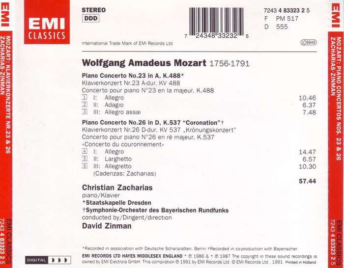 MOZART - Piano concertos nos. 23 and 26 (CD) 7243 4 83323 2 5 (R25 SALE)
