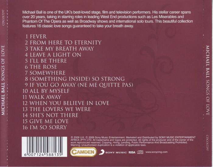 MICHAEL BALL - Songs of love (CD) CDCOL 7297 EX (R25 SALE)