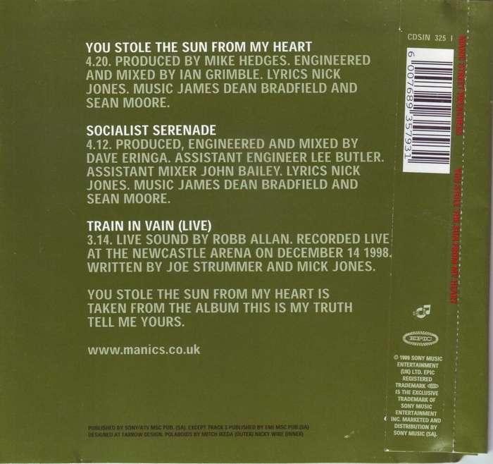 MANIC STREET PREACHERS - You stole the sun from my heart (CD single) CDSIN 325 I EX