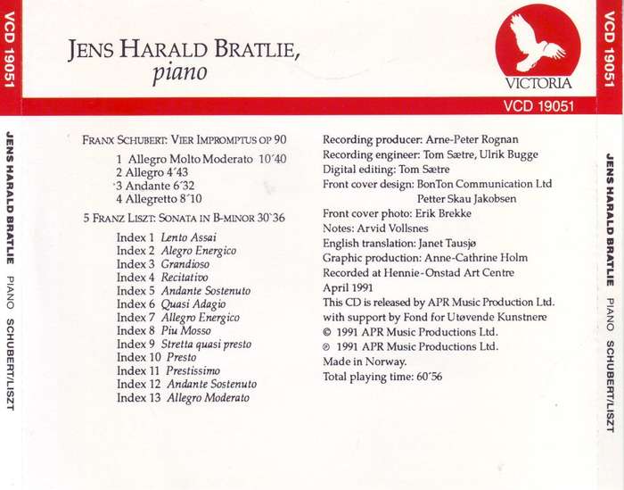 JENS HARALD BRATLIE (piano) - Schubert / Liszt (CD) VCD 19051 NM  (R25 SALE)