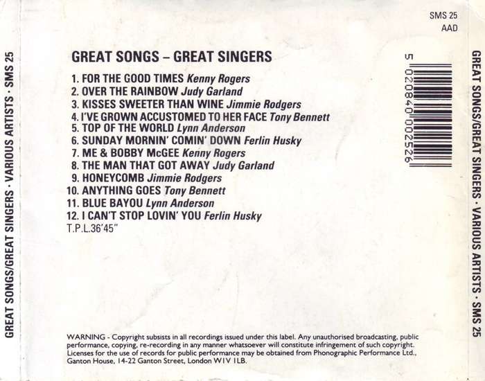 GREAT SONGS/ GREAT SINGERS -  Compilation (CD) SMS 25 VG+  (R25 SALE)
