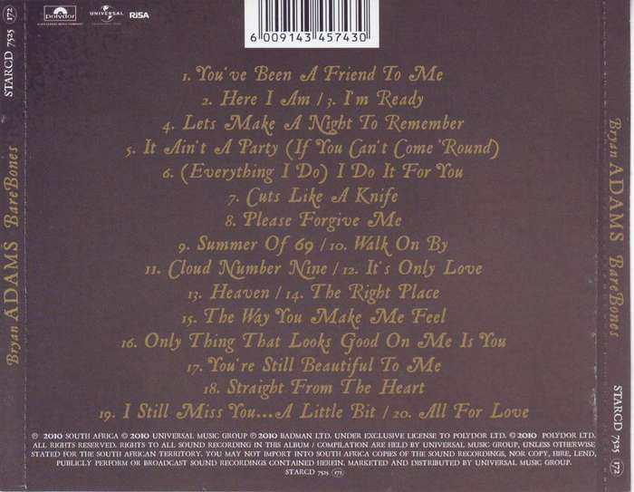 BRYAN ADAMS - Bare bones (live) STARCD 7525 NM