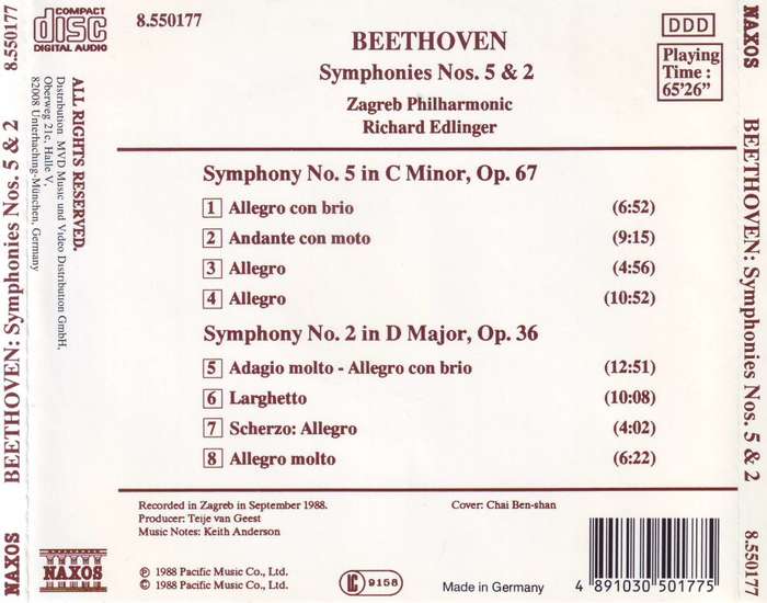 BEETHOVEN - Symphonies No 5 and 2  Naxos 8.550177 NM (R25 SALE)