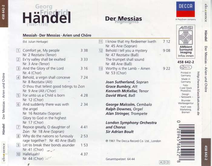 HANDEL - Der messias highlights (CD) 458 642-2 EX (R25 SALE)