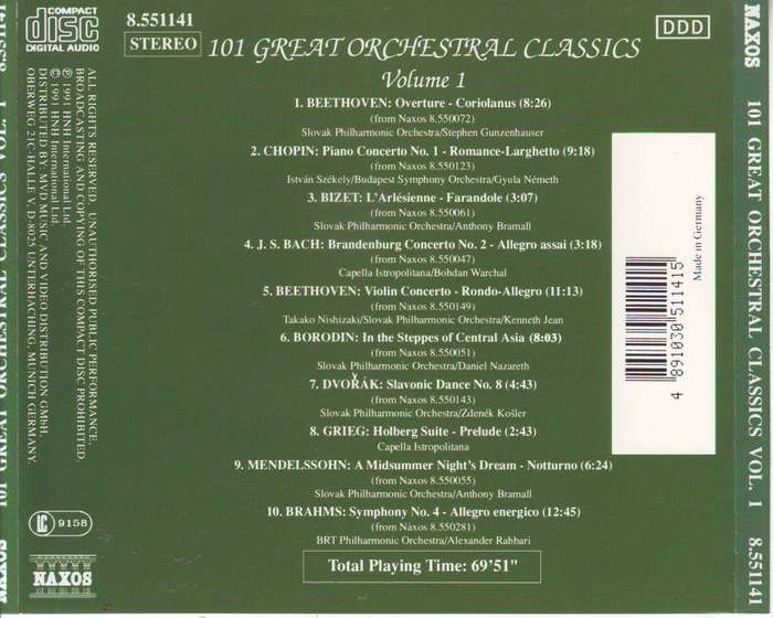 101 GREAT ORCHESTRAL CLASSICS - Volume 1 (CD) 8.551141 (R25 SALE).