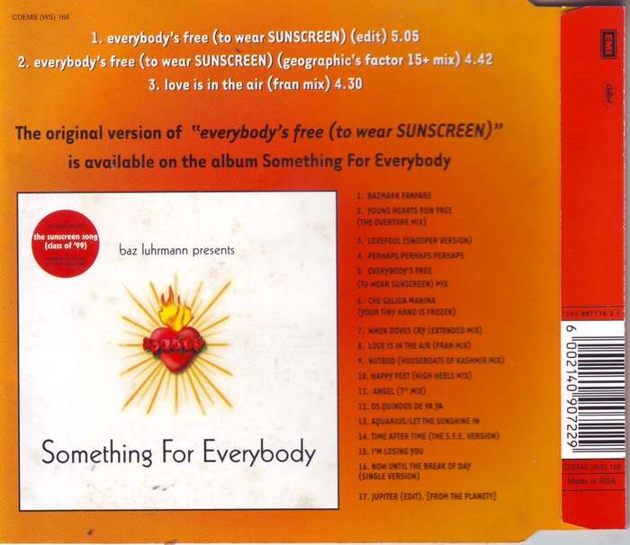 BAZ LUHRMANN  - Everybody`s free (to wear sunscreen) (CD single) CDEMS (WS) 166