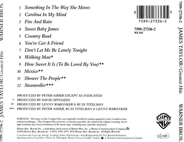 JAMES TAYLOR - Greatest hits (CD) 7599-27336-2 EX