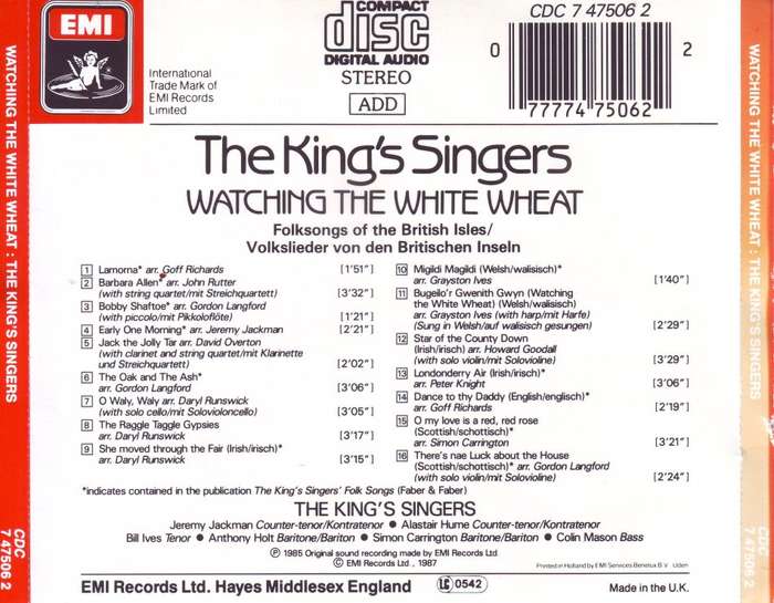 THE KING`S SINGERS - Watching the white wheat (CD) CDC 7 47506 2 NM-