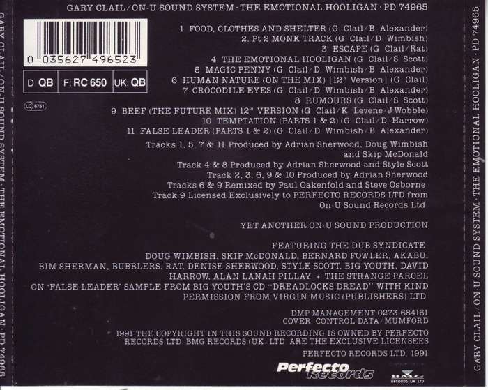 GARY CLAIL / ON-U SOUND SYSTEM - Emotional hooligan (CD) PD 74965 EX